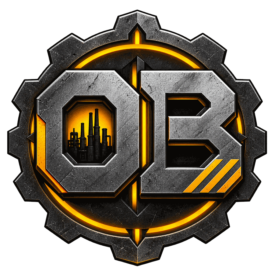 The Overbuilder steel and orange gear emblem